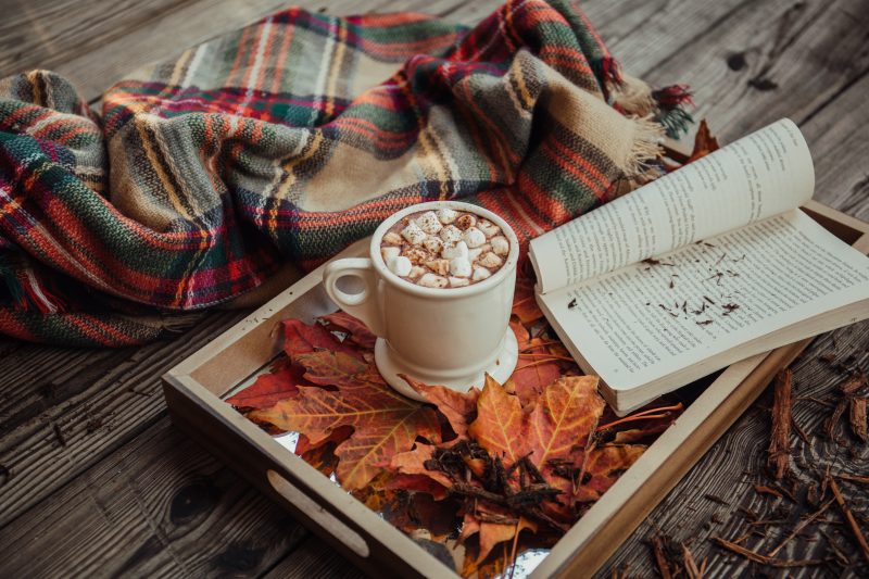 Hot chocolate with Marshmallows and book on autumn leaves